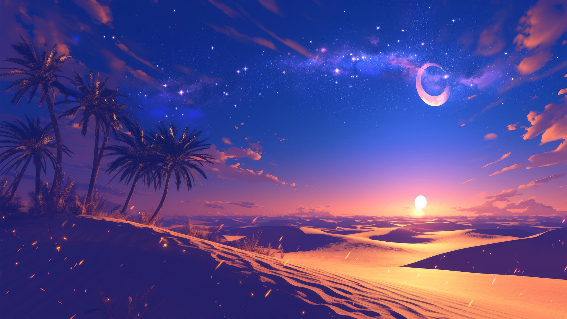 Velvet night desert with glimmering sand under full moon