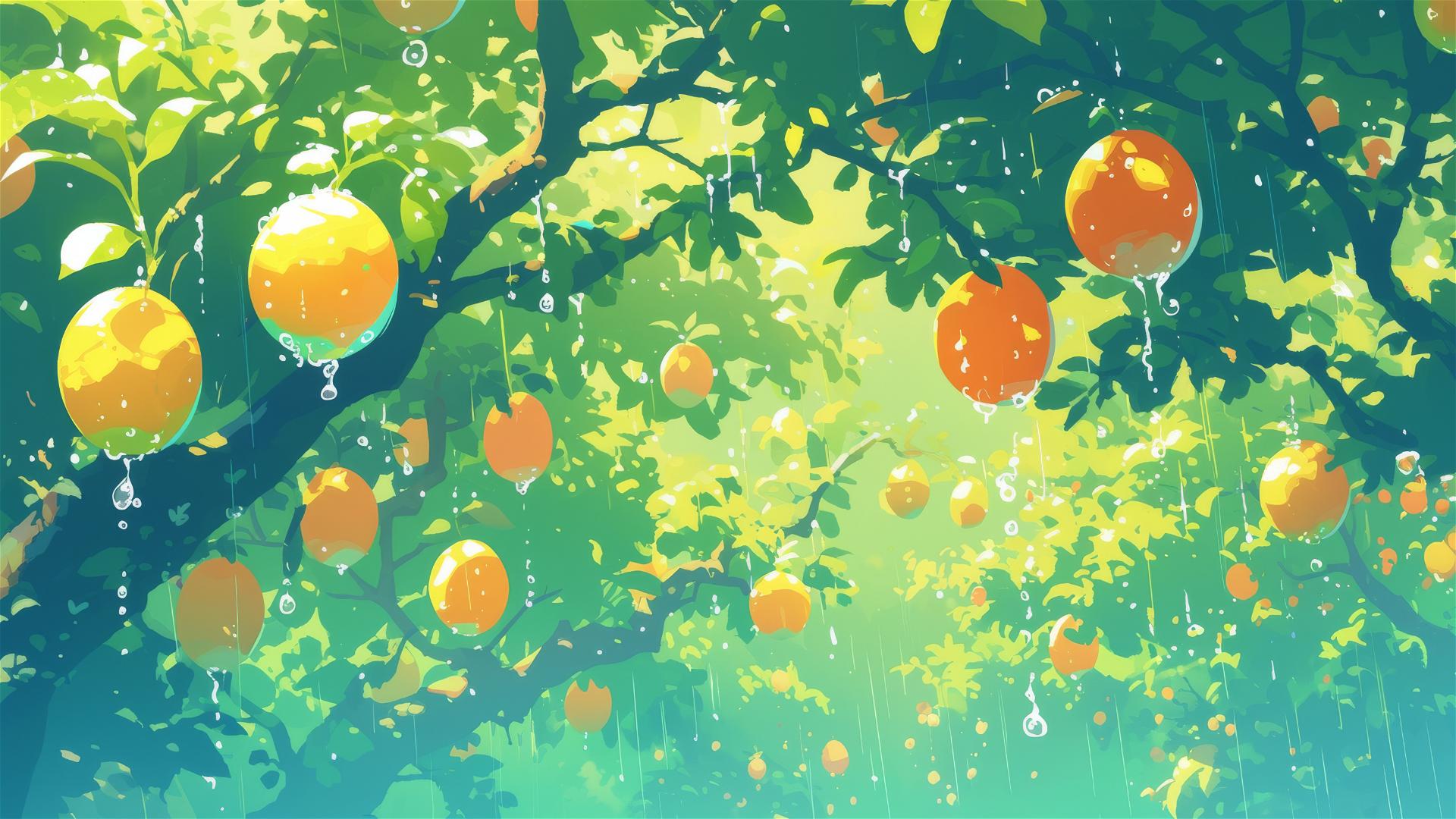 Holographic rain with fruit illusions in an old orchard