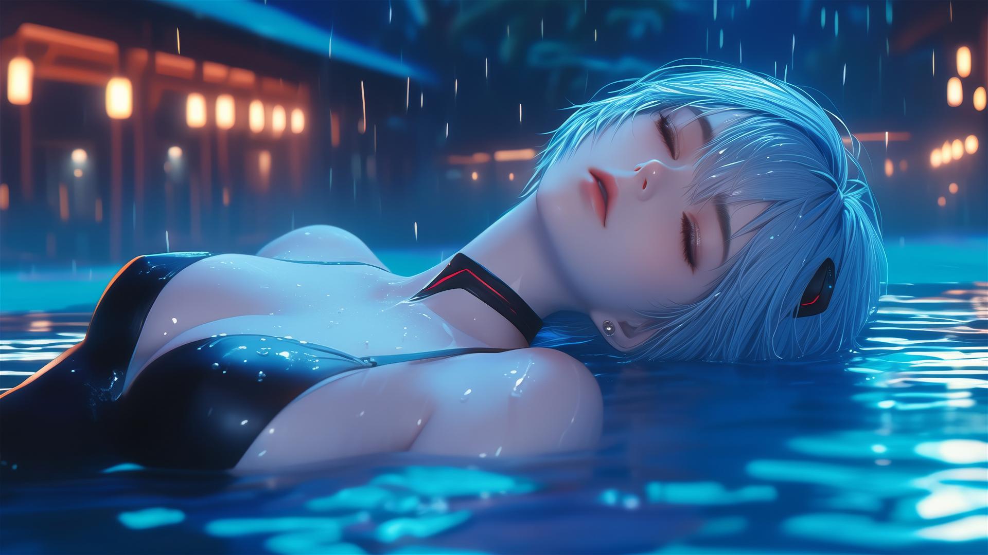 Rei Ayanami resting by a pool under moonlight, rain with dark shirt
