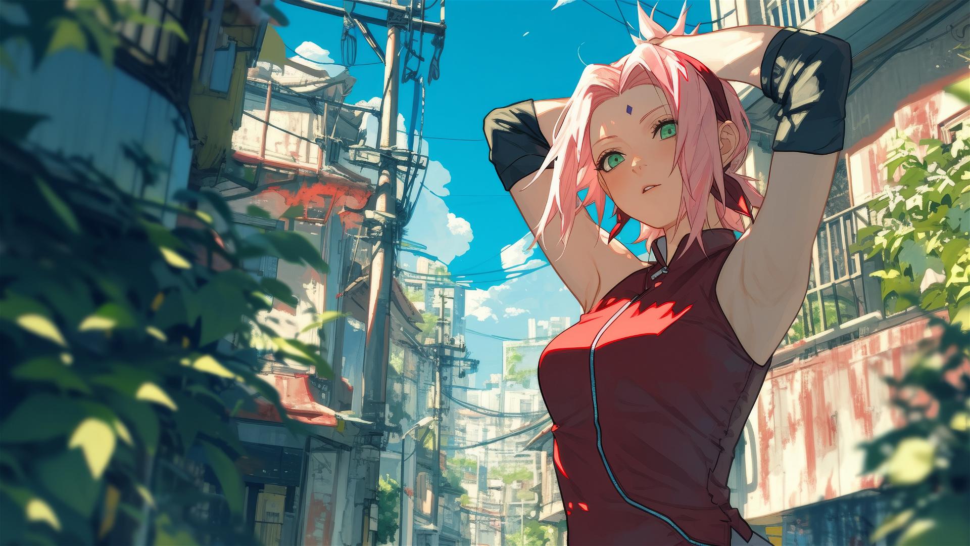 Sakura Haruno in avant-garde outfit in urban alley