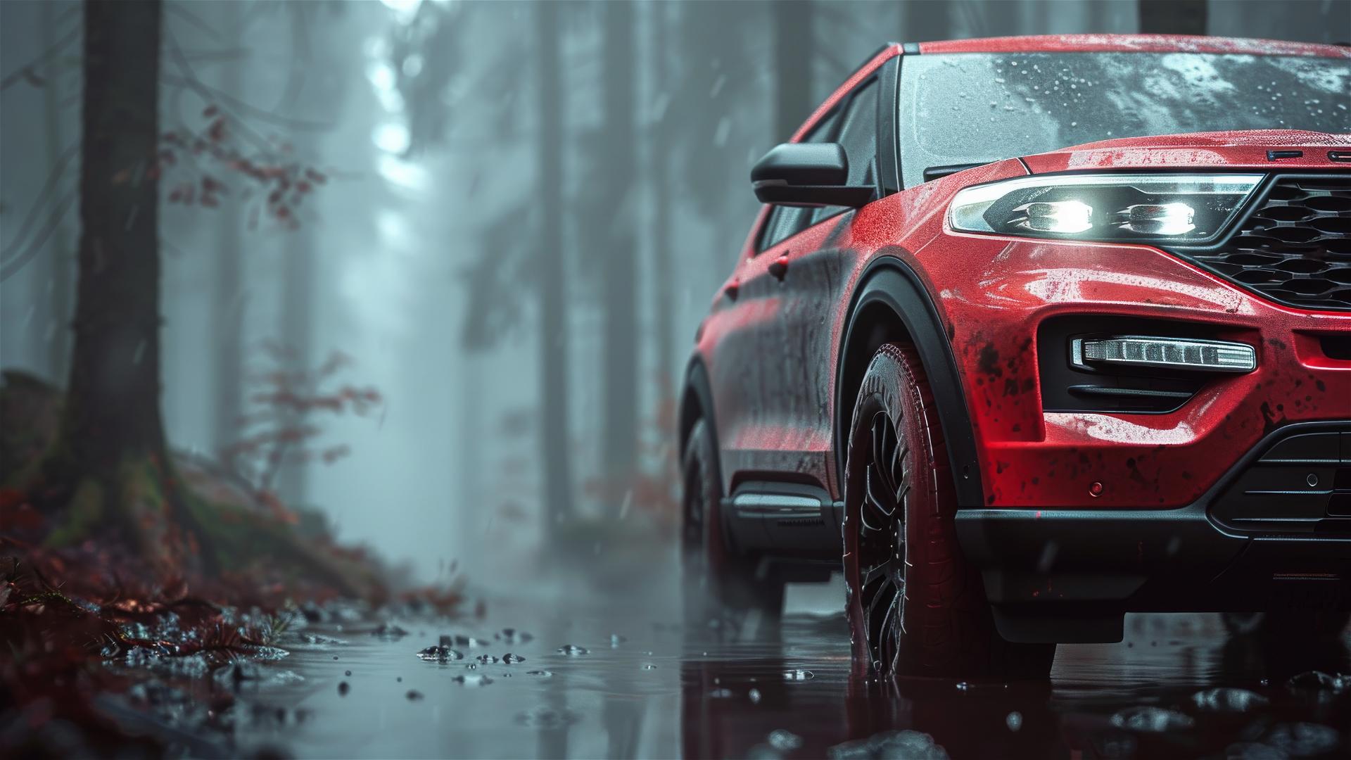 A dark gothic representation of ford explorer in dim lighting and foggy conditions, closeup view, photorealistic to the extent of 8k smoothness