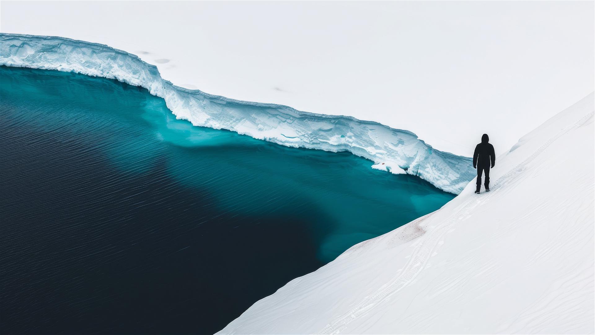 Aerial view of dark figure on Antarctic ground conveying darkness, loneliness, and stillness.
