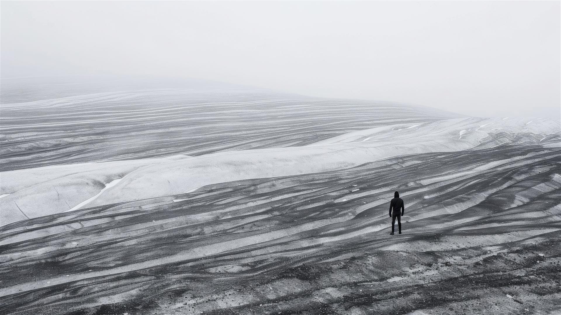 Dark figure in Antarctica from above, radiating loneliness and stillness