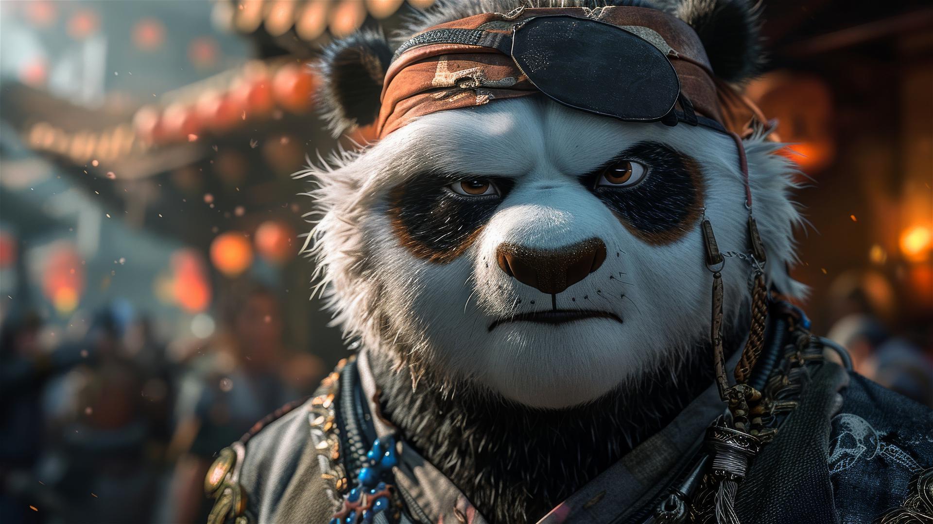 Pixar-style panda with eyepatch and smirking expression in 3D render