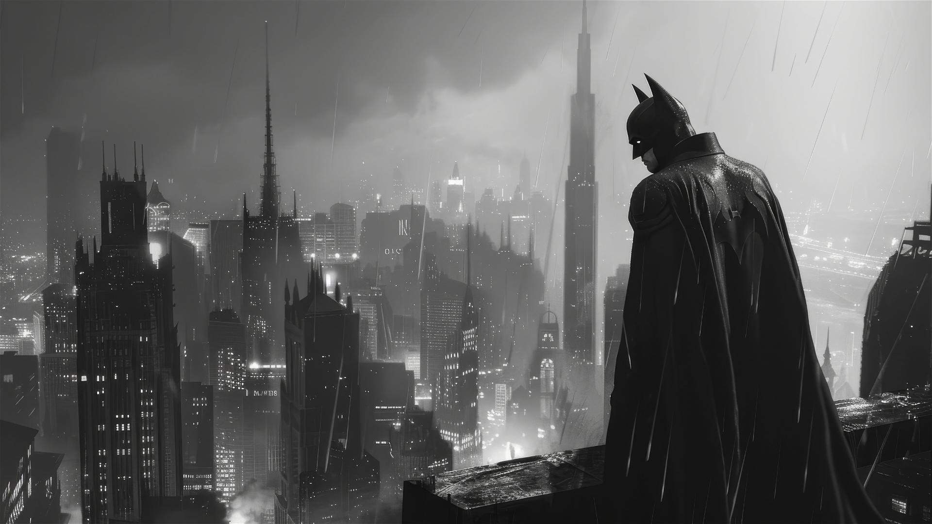Batman observing Arkham City in grayscale on a white background