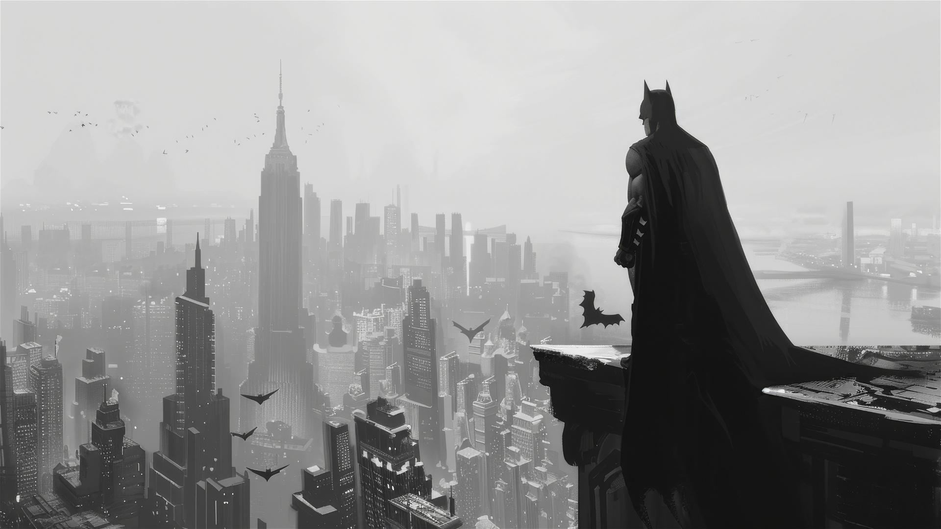 Batman overlooking Arkham City in grayscale, illustrative style with white background.
