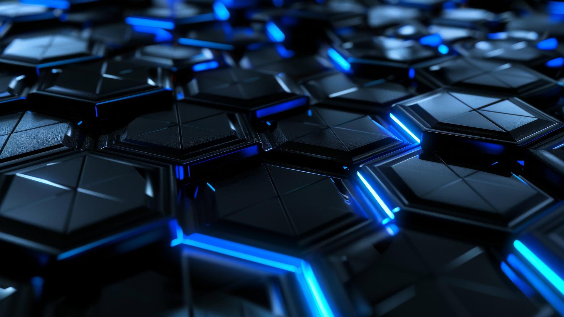 Abstract art of black metallic hexagons with blue glowing edges under neon lights
