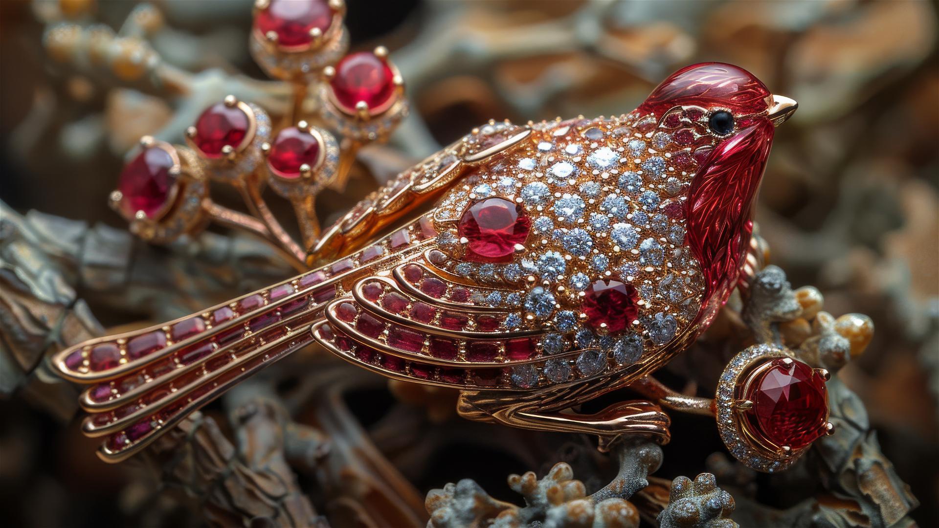 High jewelry bird-shaped brooch in Van Cleef and Arpels style