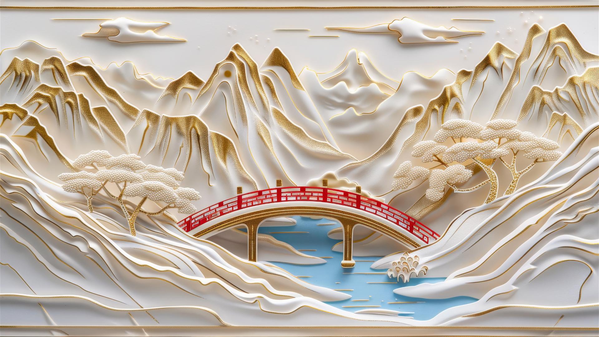 3D Asian painting of golden mountains and traditional bridge in paper carving style