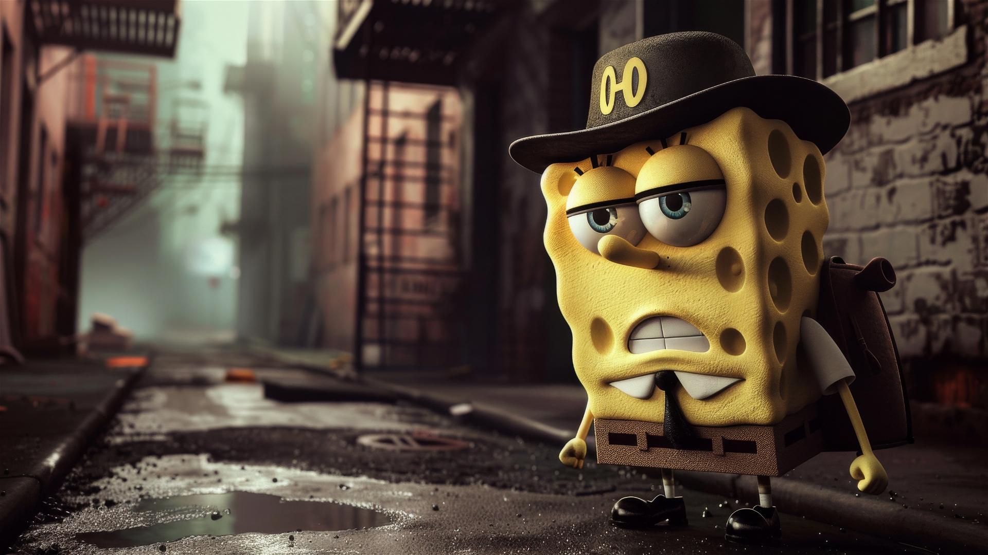 1940s noir-style realistic depiction of SpongeBob