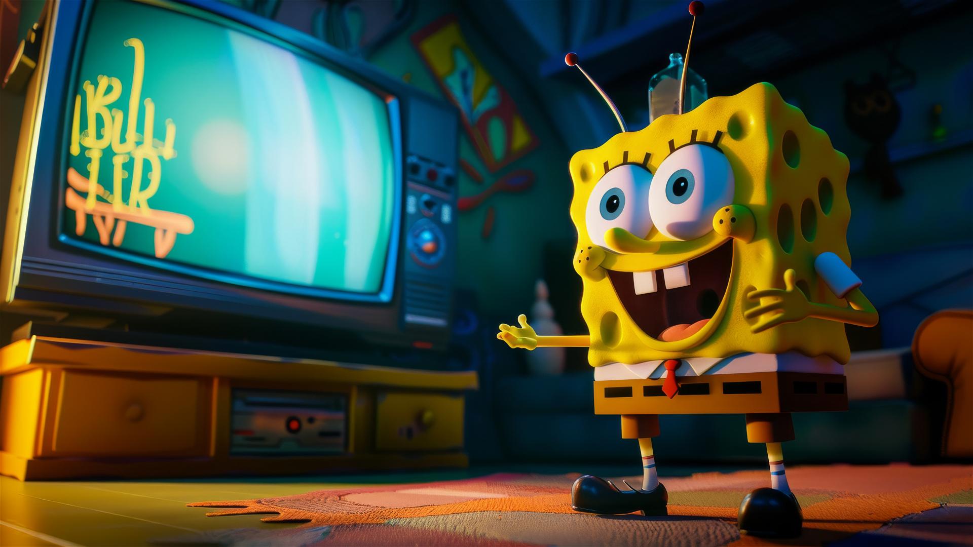 SpongeBob-like cartoon figure sits in front of giant TV screen