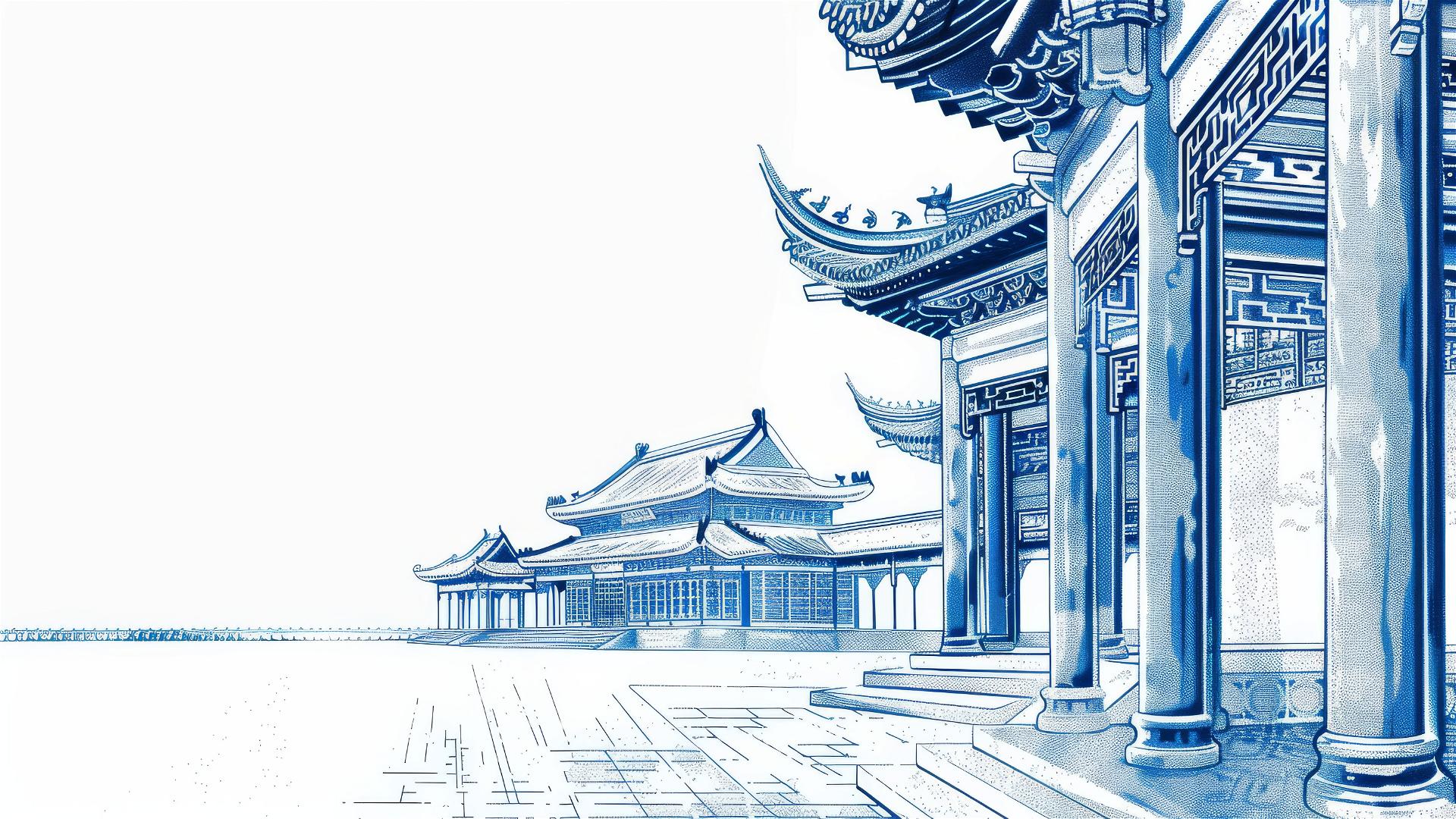engraved minimalist Chinese landscape in blue and white