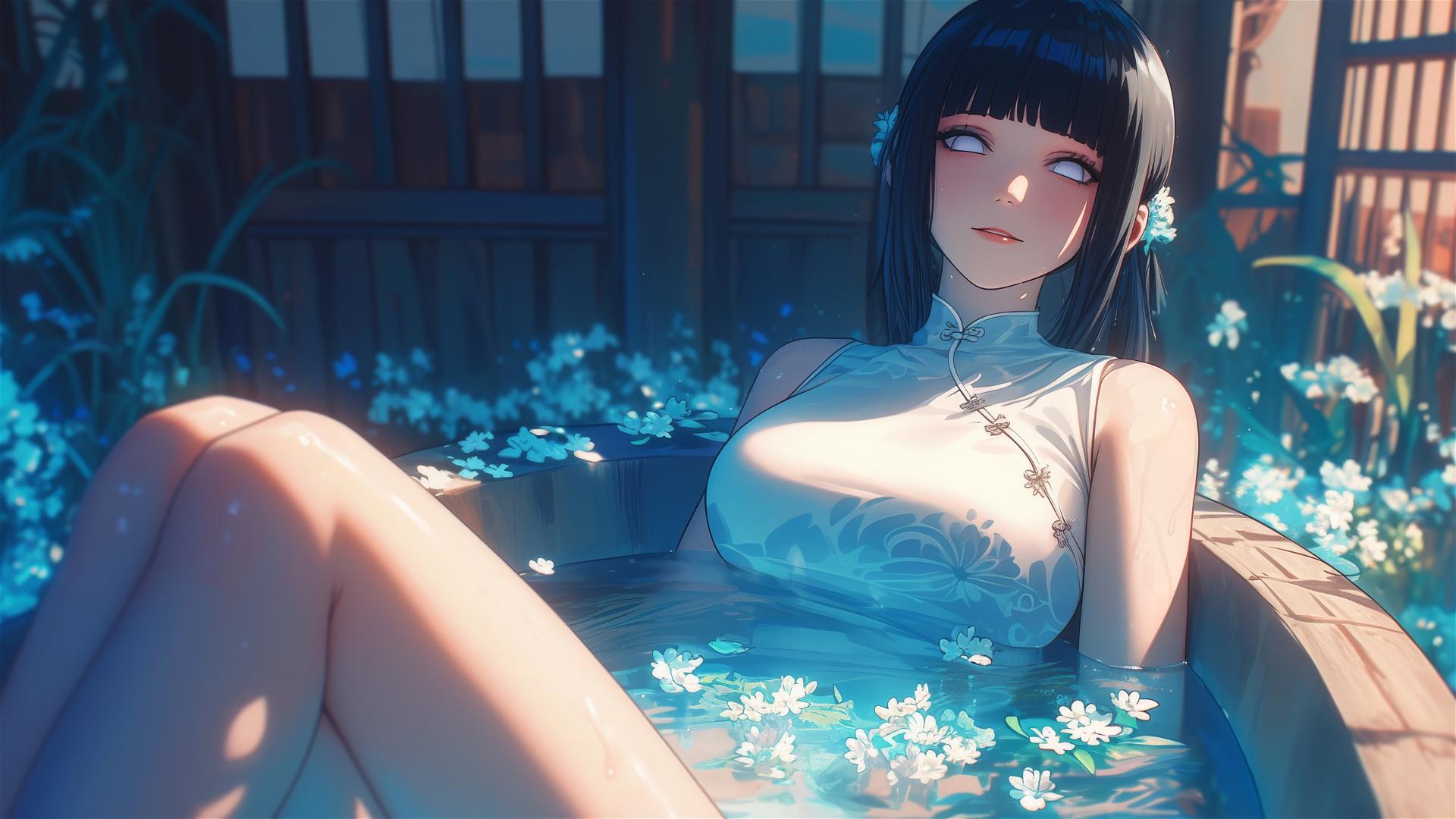 Hinata Hyuga from Naruto in a tub full of flowers at a Chinese spa with white eyes