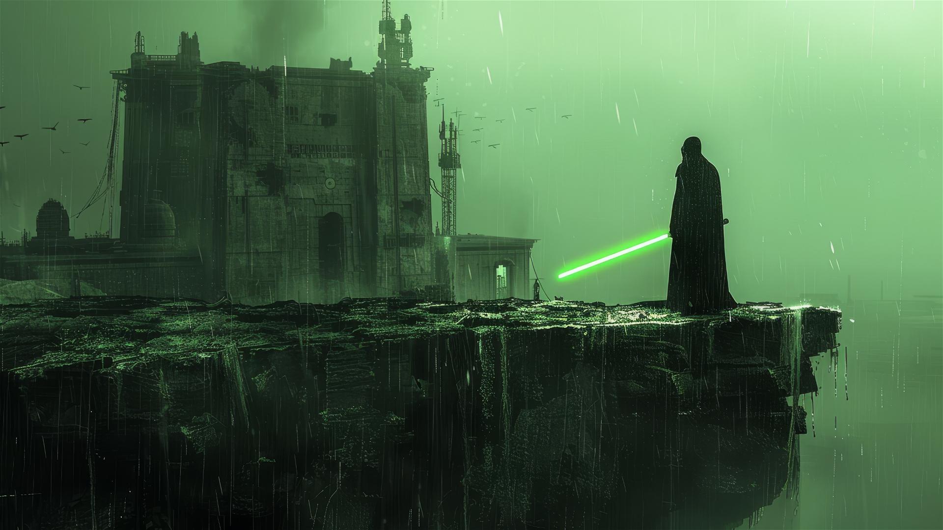 Jedi standing in rain on cliffside with green glowing lightsaber overlooking looming temple