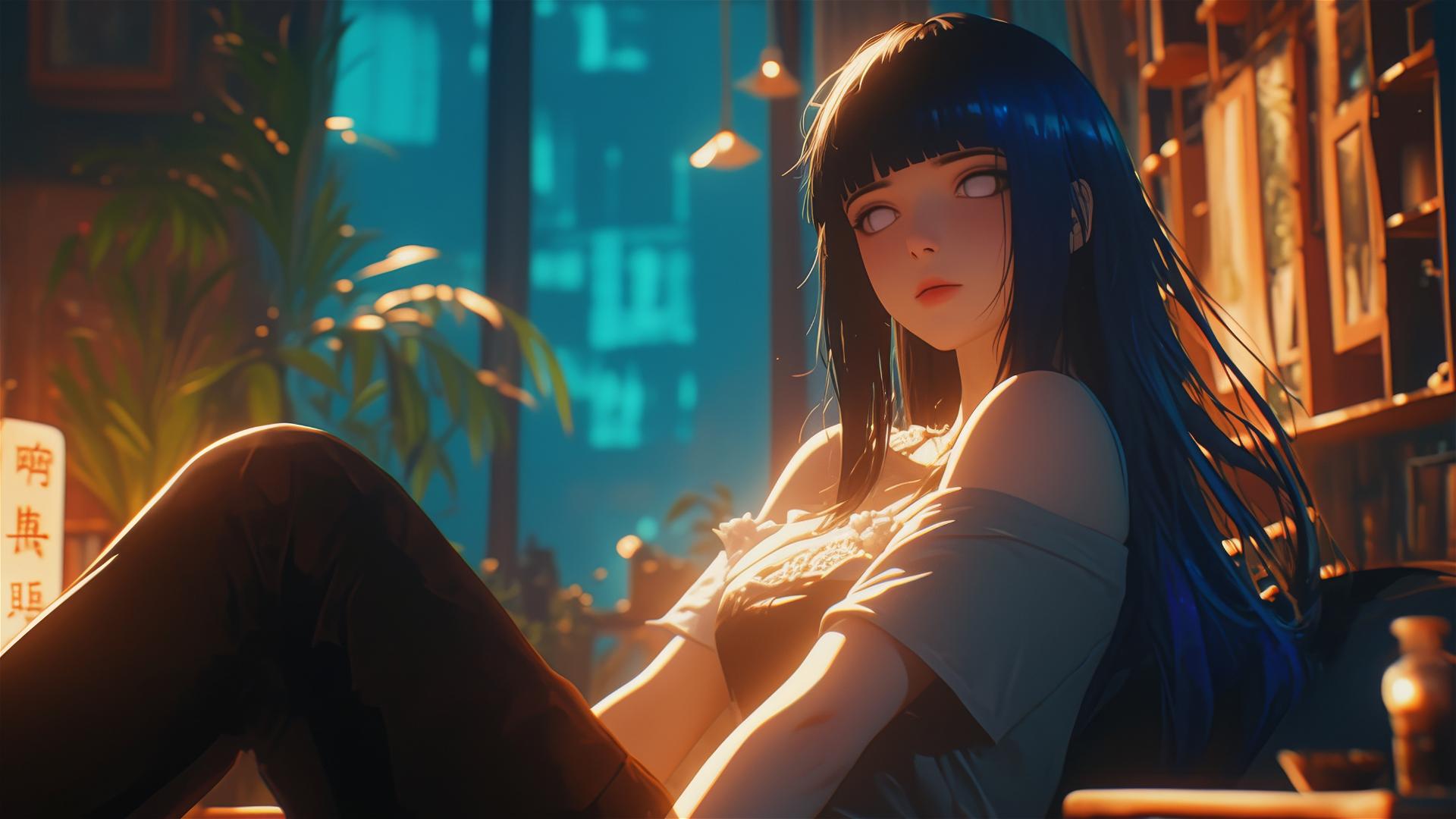 Hinata Hyuga from Naruto sitting at a modern hotel with warm light
