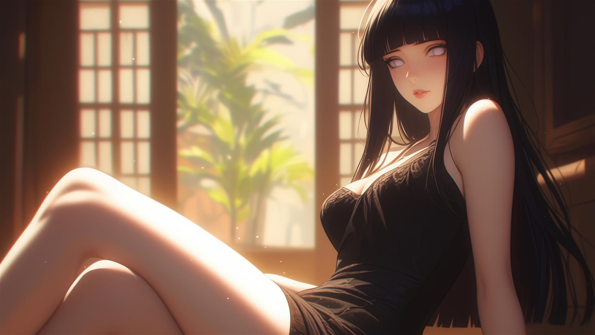 Hinata Hyuga from Naruto sitting at a modern hotel in warm light