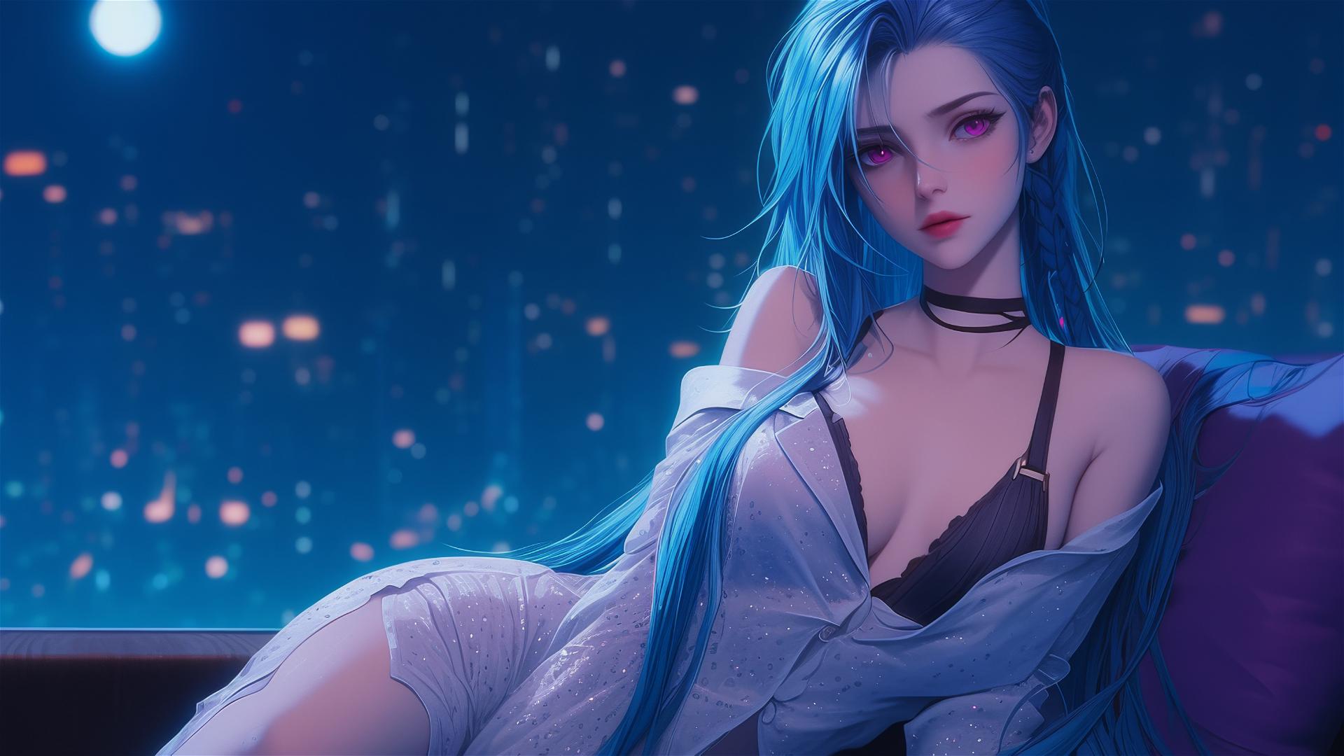 Jinx from League of Legends sitting in an apartment with moonlight, pink eyes, blue hair, and silk pajamas