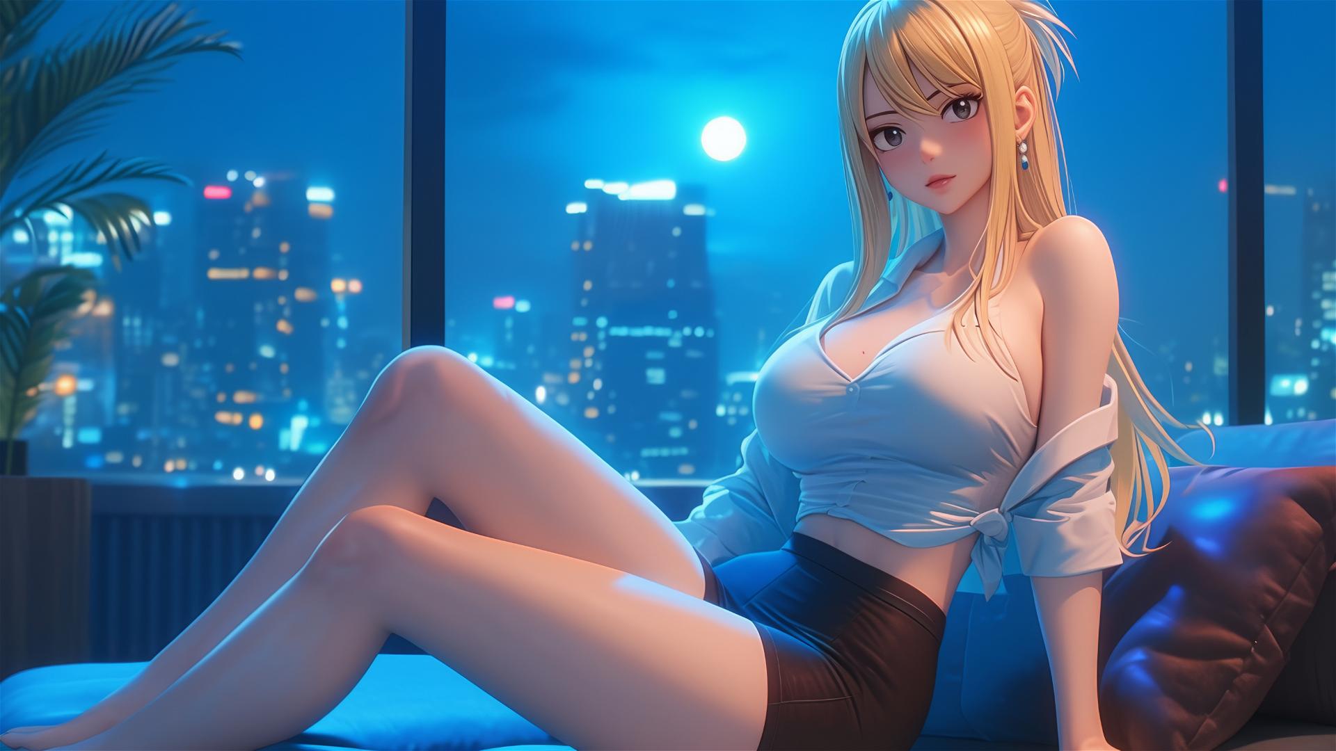 Lucy Heartfilia lounging in a modern apartment with moonlight glow.
