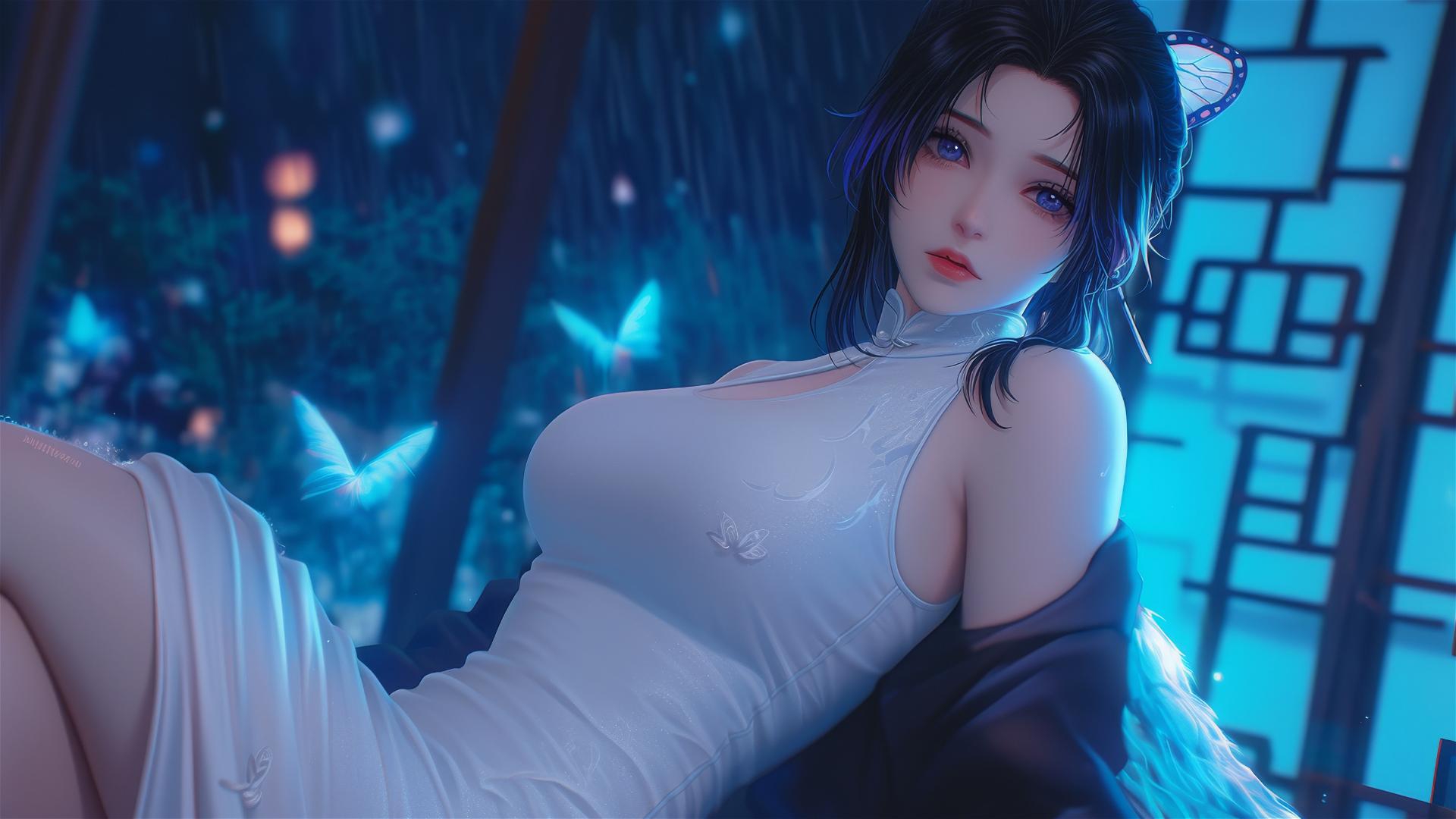 Shinobu Kocho from Demon Slayer resting in a neon-lit modern hotel room