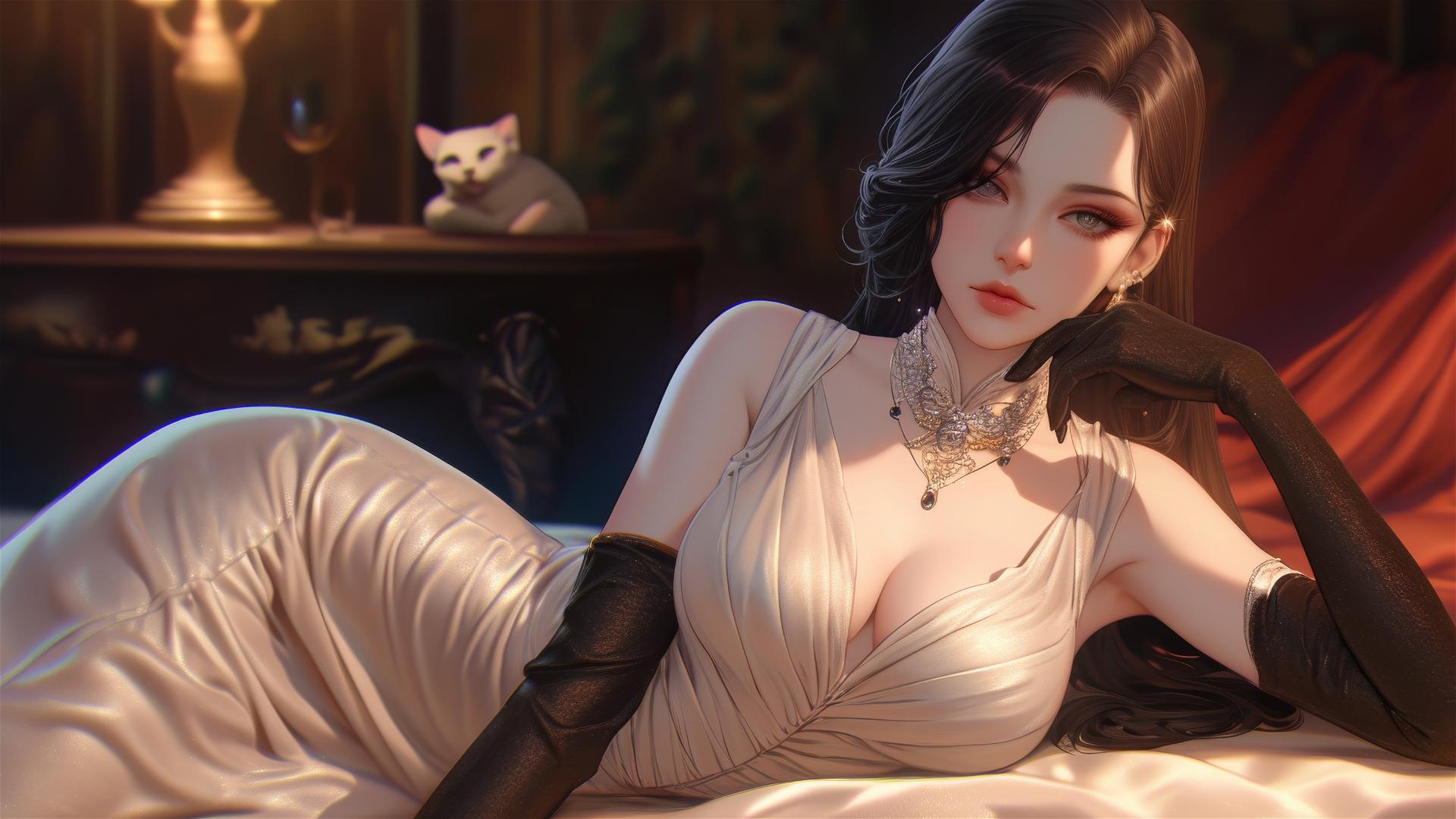 Lady Dimitrescu resting on a modern hotel bed bathed in moonlight