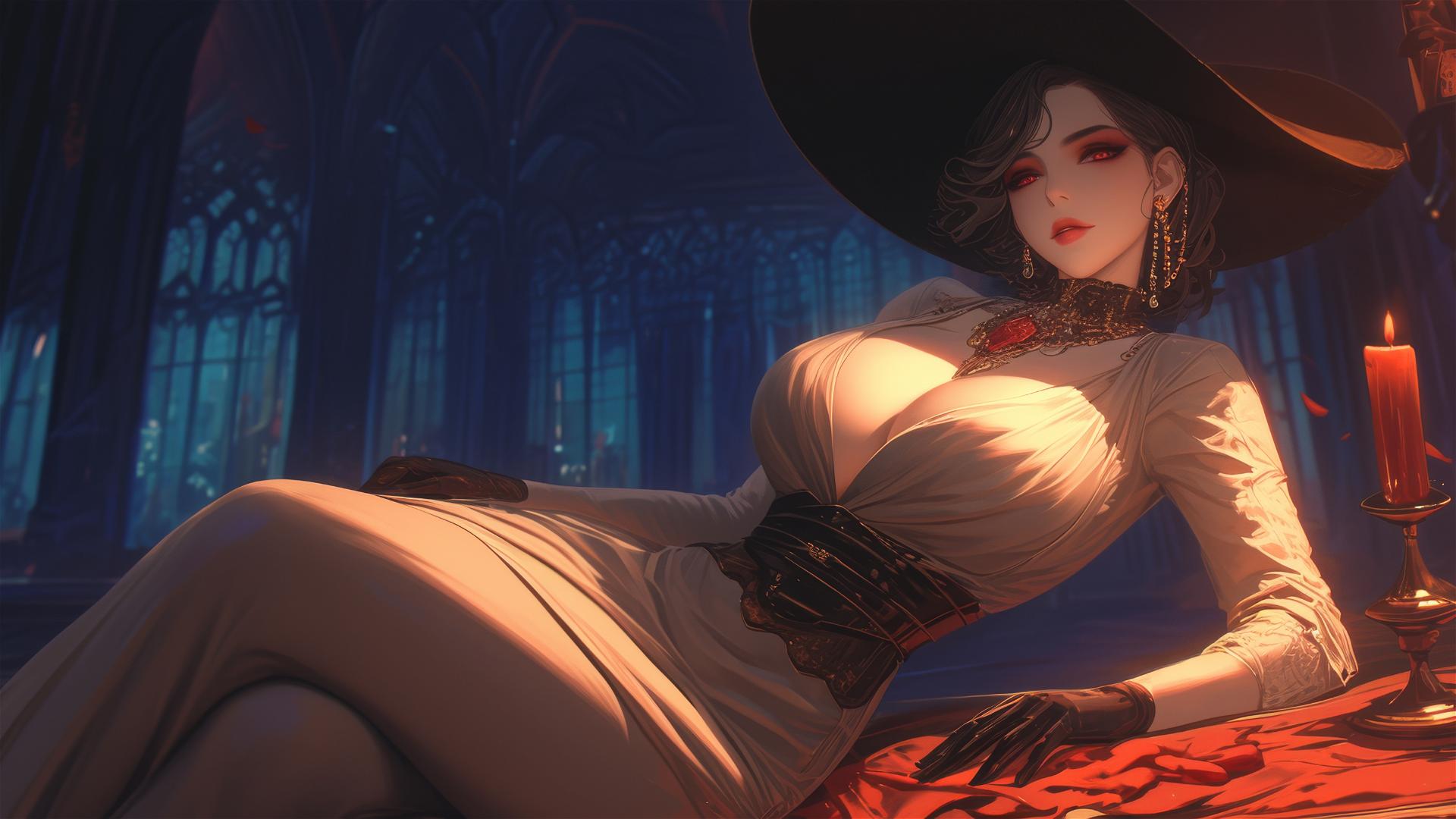 Lady Dimitrescu resting under red moonlight, gothic horror