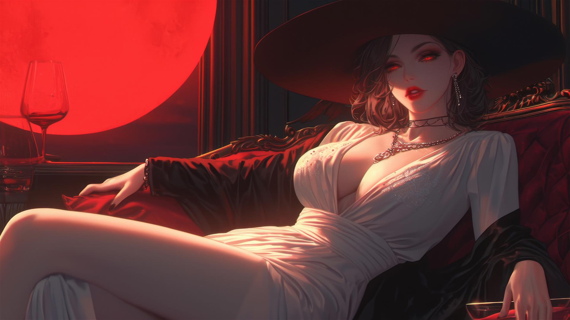 Lady Dimitrescu resting under red moonlight in a gothic elegant style