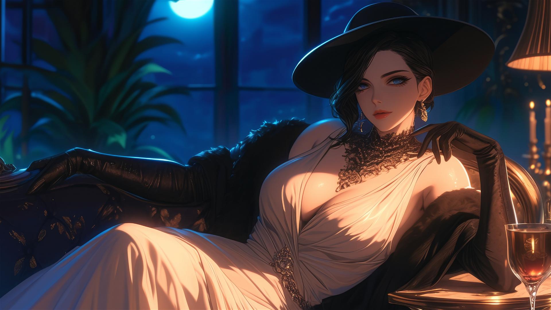 Lady Dimitrescu resting in modern hotel room, moonlight glowing, gothic elegance