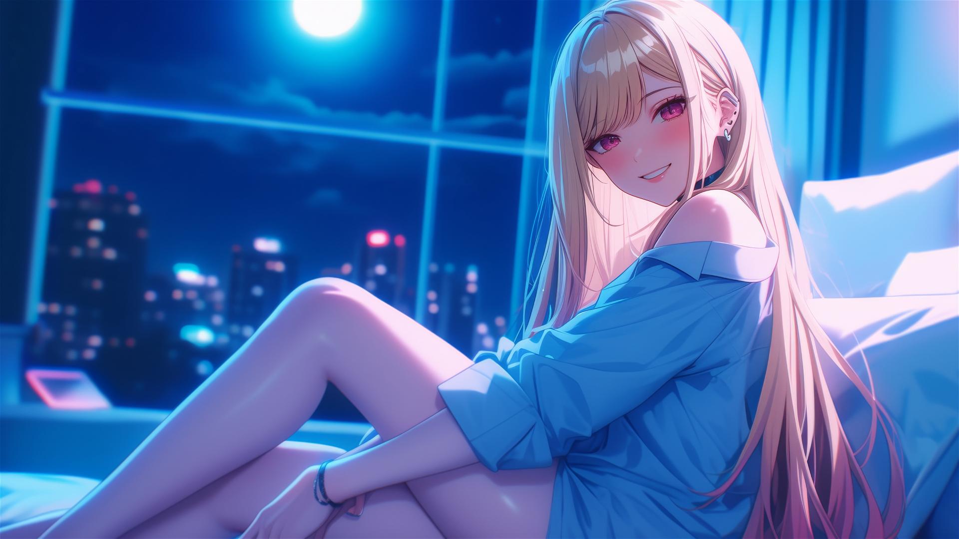 Marin Kitagawa sits on hotel bed, moonlight casting a glow, blonde hair with pink and citrus tips, pink eyes.