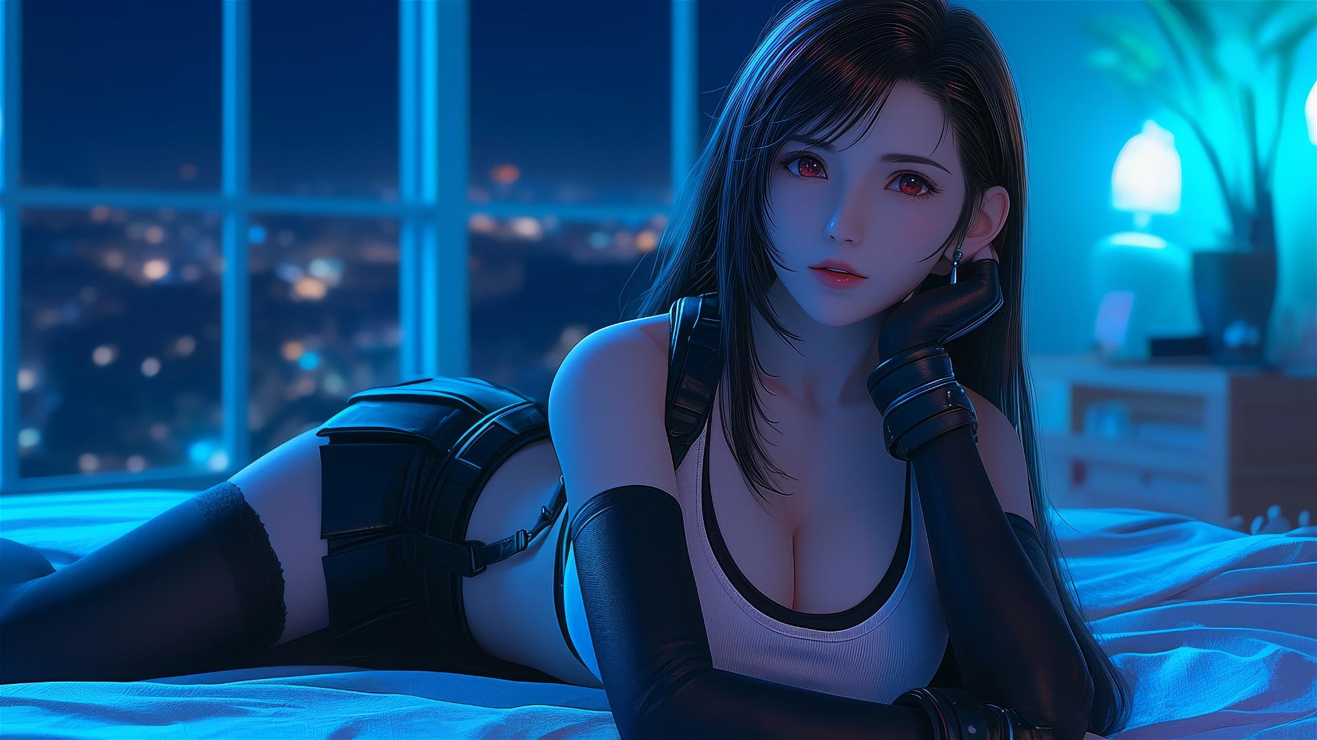 Tifa Lockhart resting in her room with moonlight glow