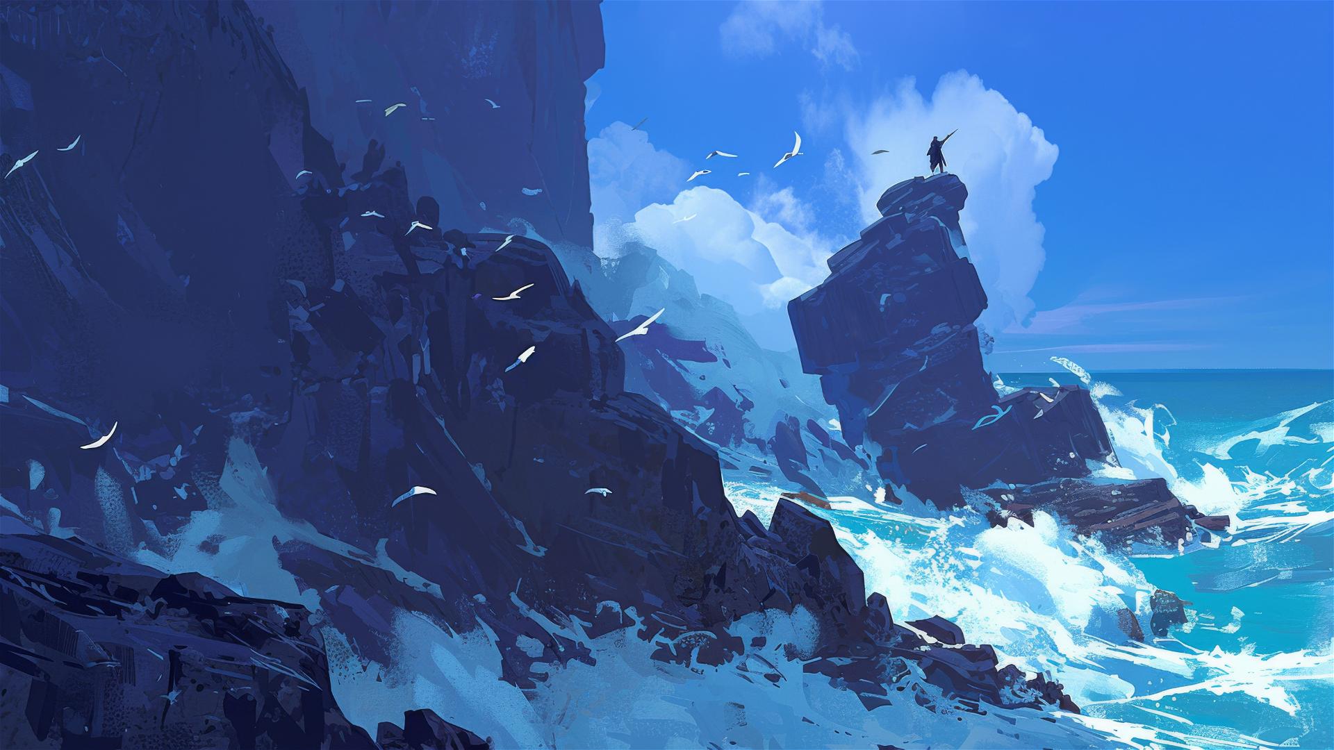 High cliff overlooking a stormy ocean with waves churning against rocks