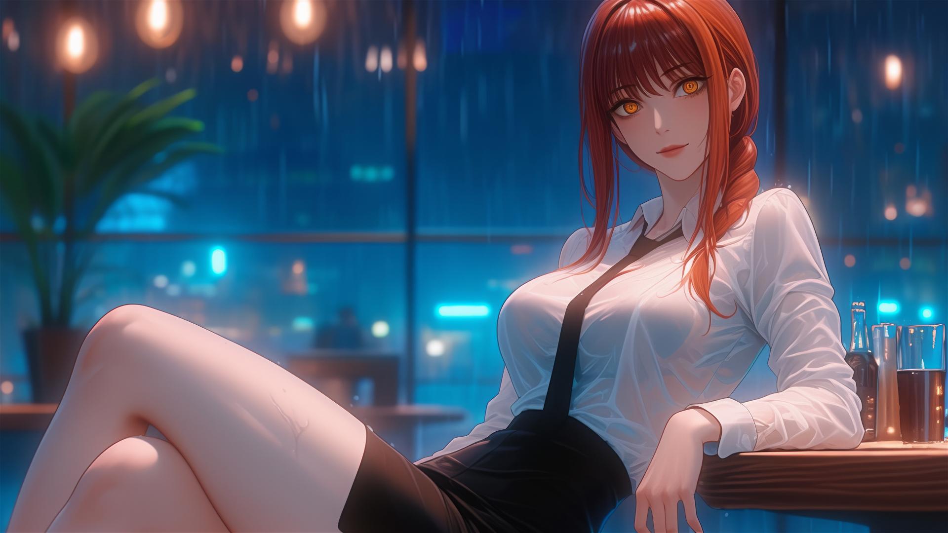 Makima from Chainsaw Man standing in a bar with moonlight highlighting her.