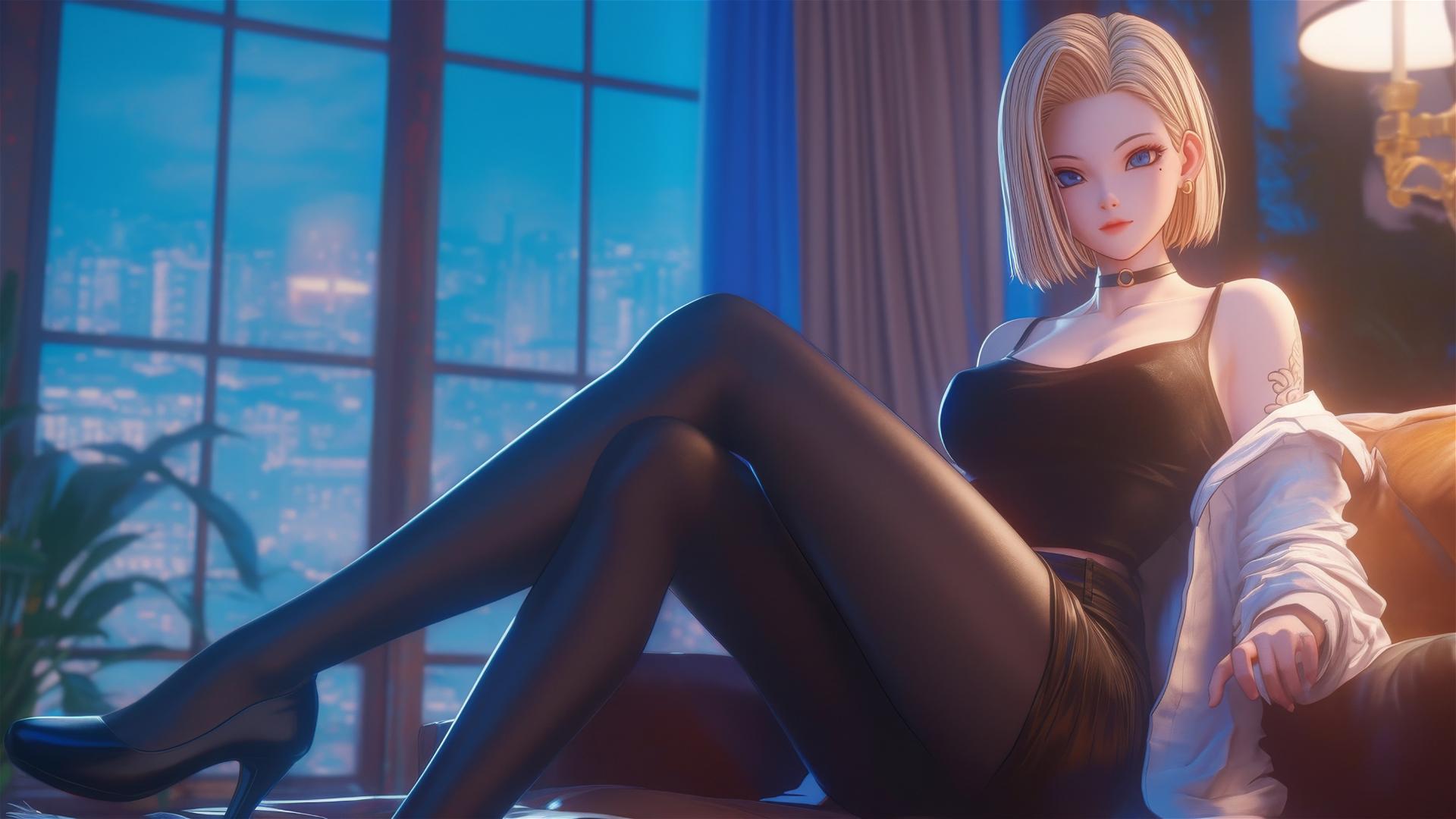 Android 18 from Dragon Ball resting in hotel room with moonlight glow