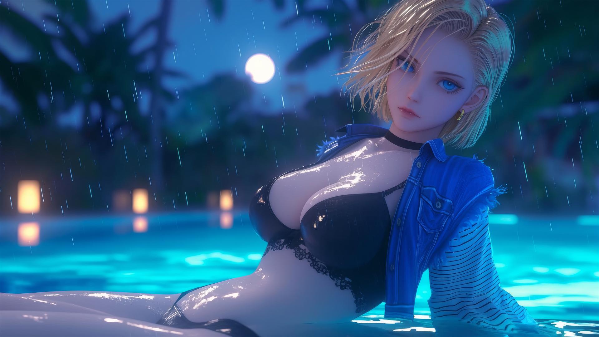 Android 18 from Dragon Ball resting by a rainy swimming pool under moonlight.