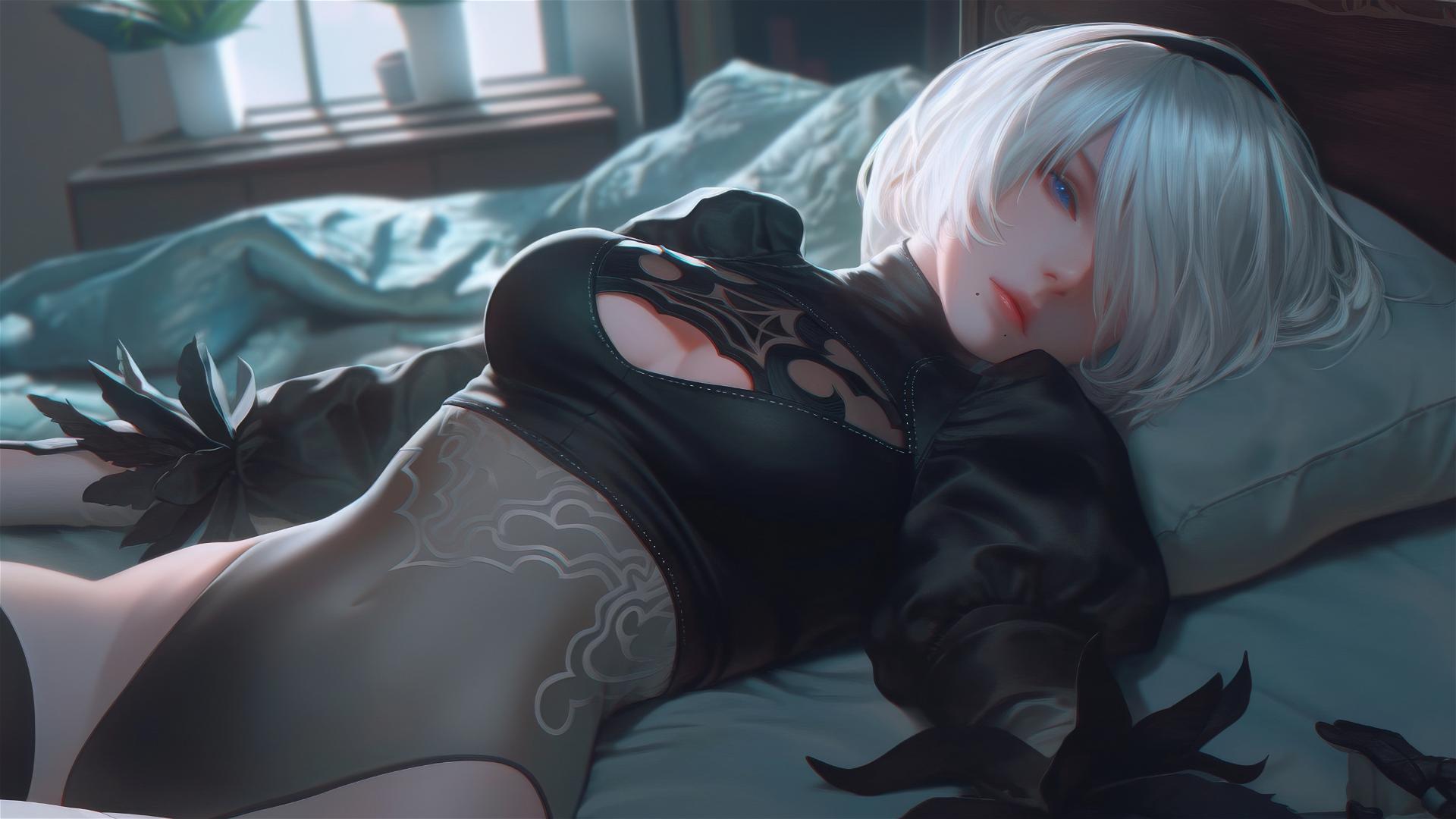 2B from Nier resting in a modern hotel room with moonlight glow