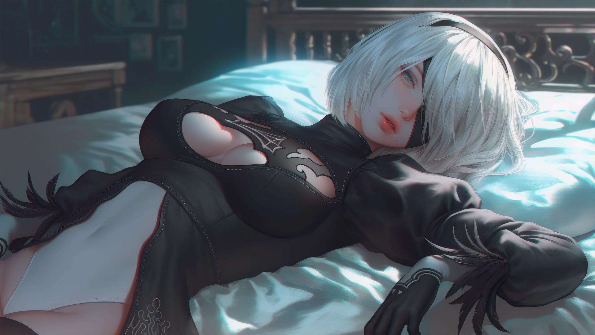 2B from Nier resting in a modern hotel room with moonlight glow