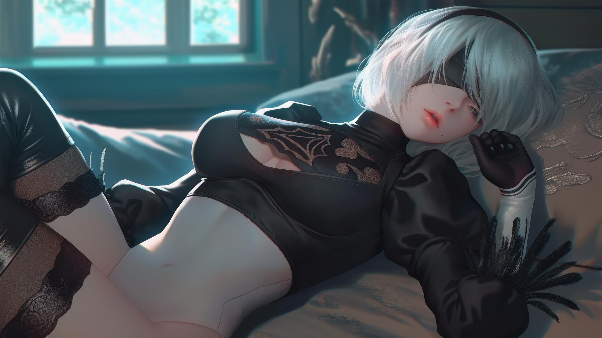 2B from Nier resting in a modern hotel room with moonlight glow
