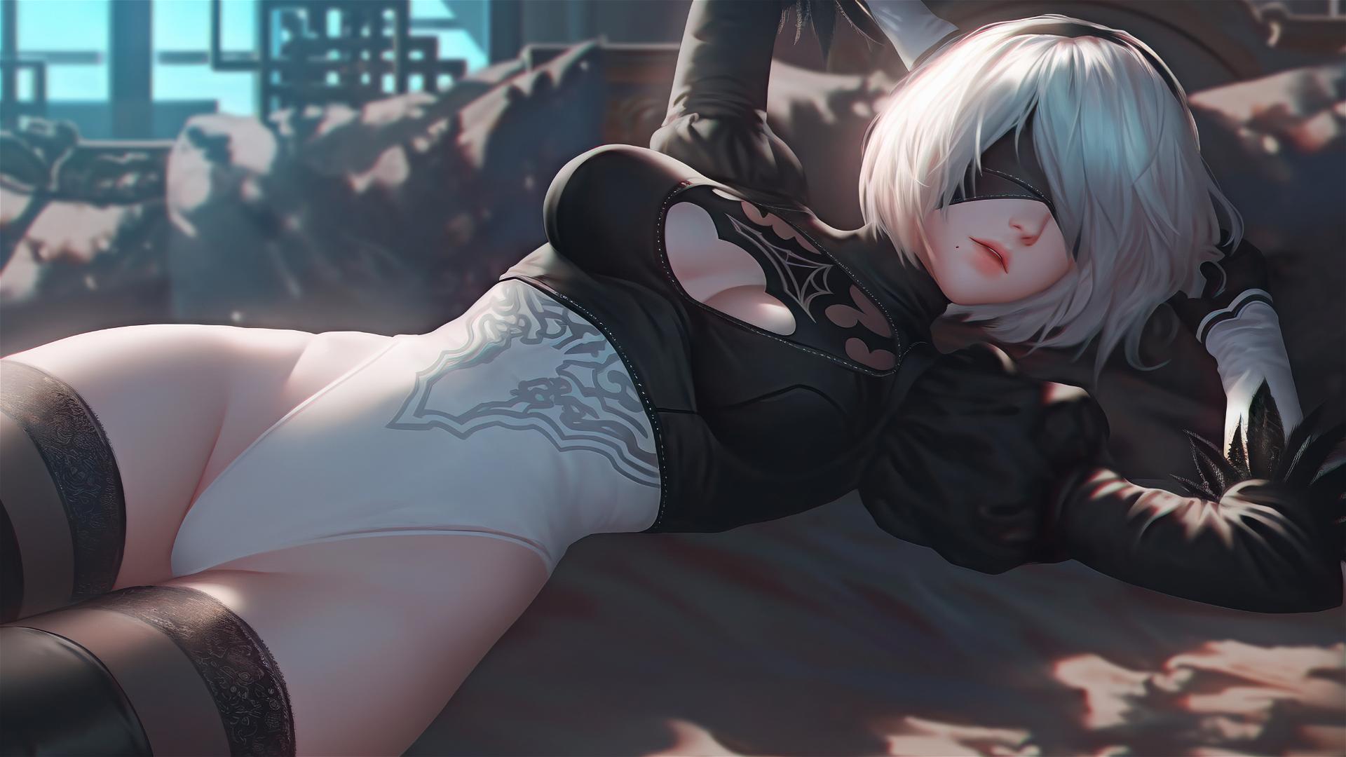 2B from Nier resting in a modern hotel room with moonlight glow