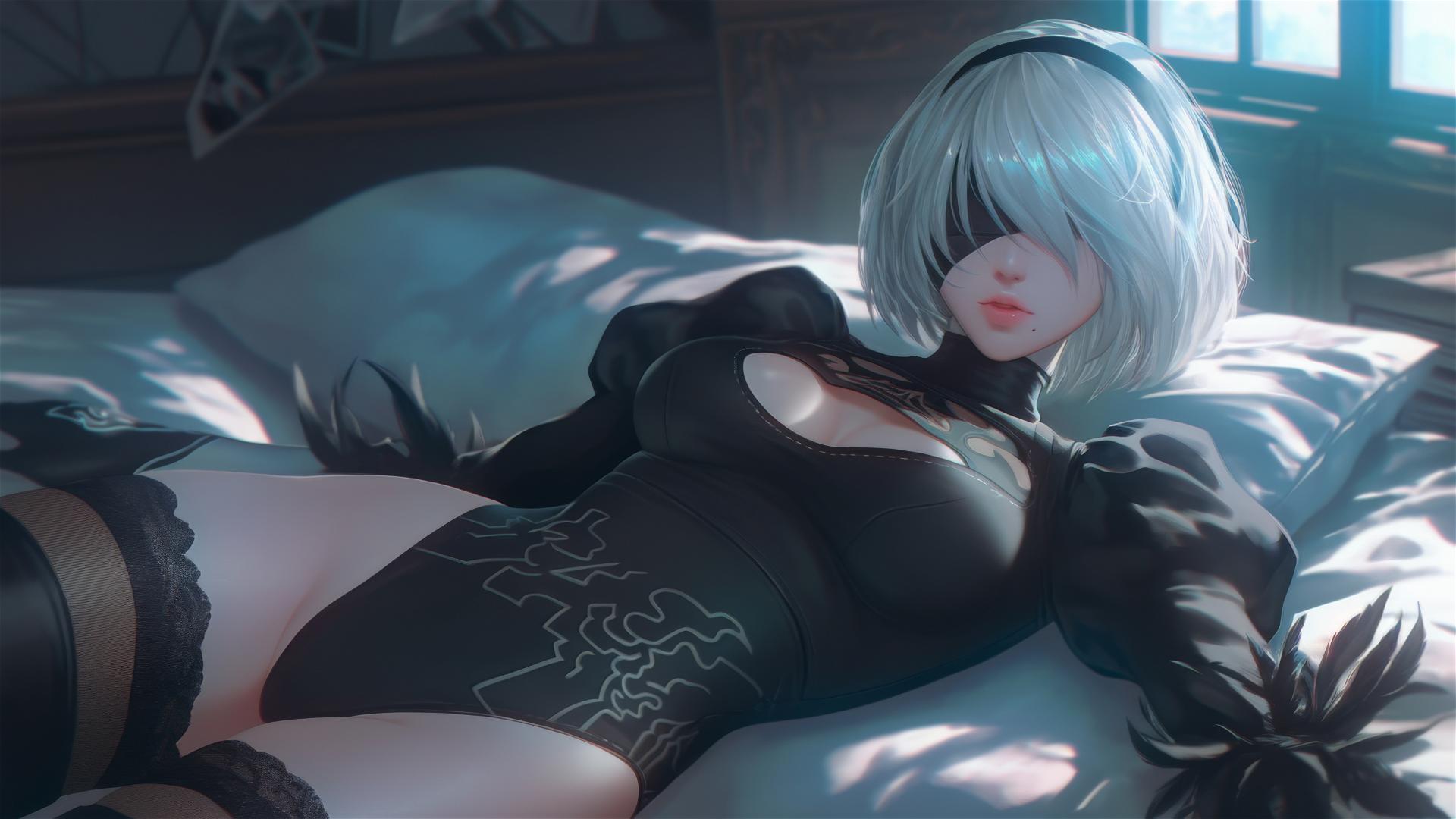 2B from Nier resting in a modern hotel room with moonlight glow