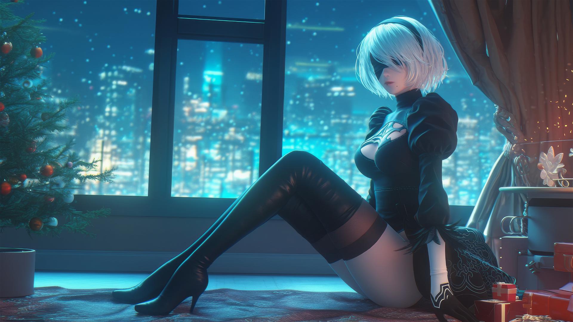 2B from Nier in a modern hotel room with moonlight glow