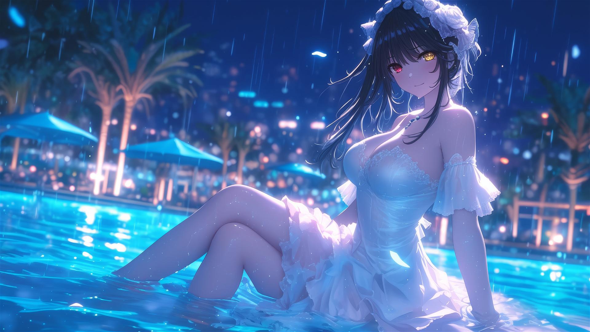 Kurumi Tokisaki standing in a rainy swimming pool under moonlight, wearing a pure white dress, with one red eye and one yellow eye.