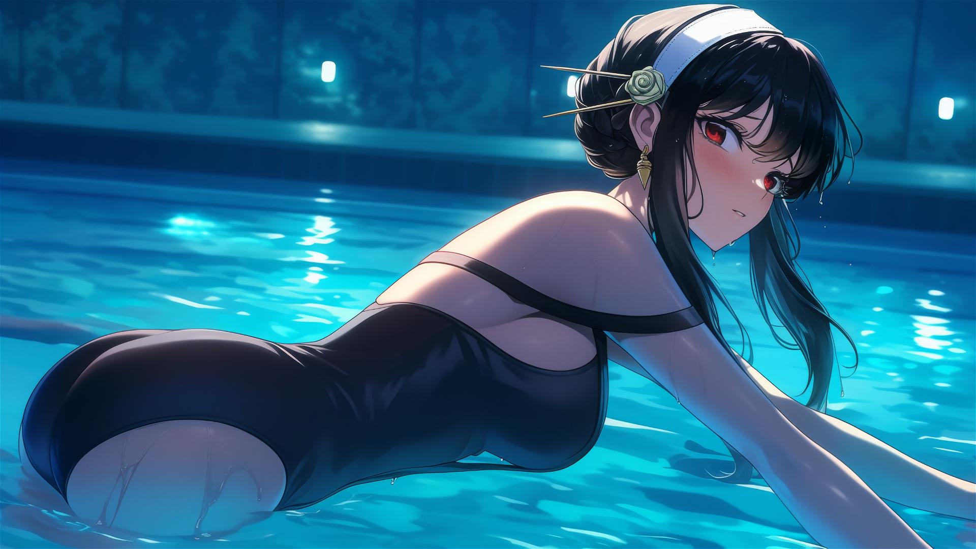 Yor Forger in bunny girl style standing in a pool under moonlight