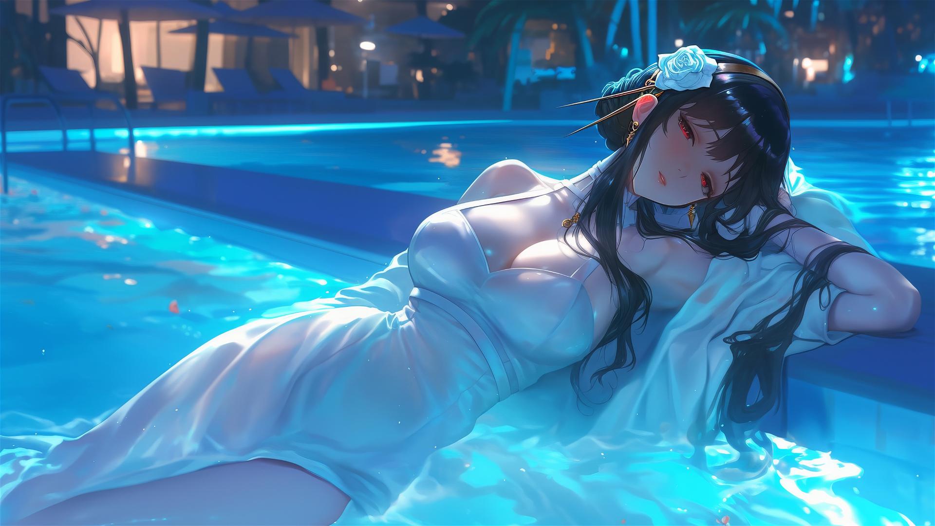 Yor Forger in bunny girl style, white dress at poolside under moonlight