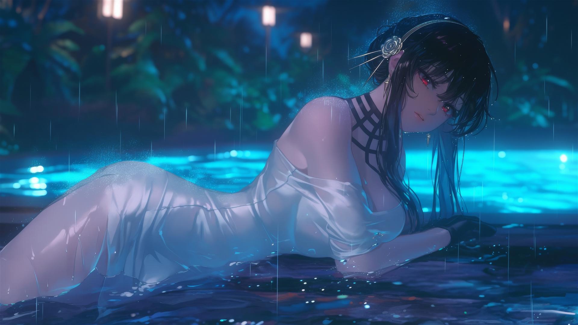Yor Forger in white dress at rainy pool with moonlight