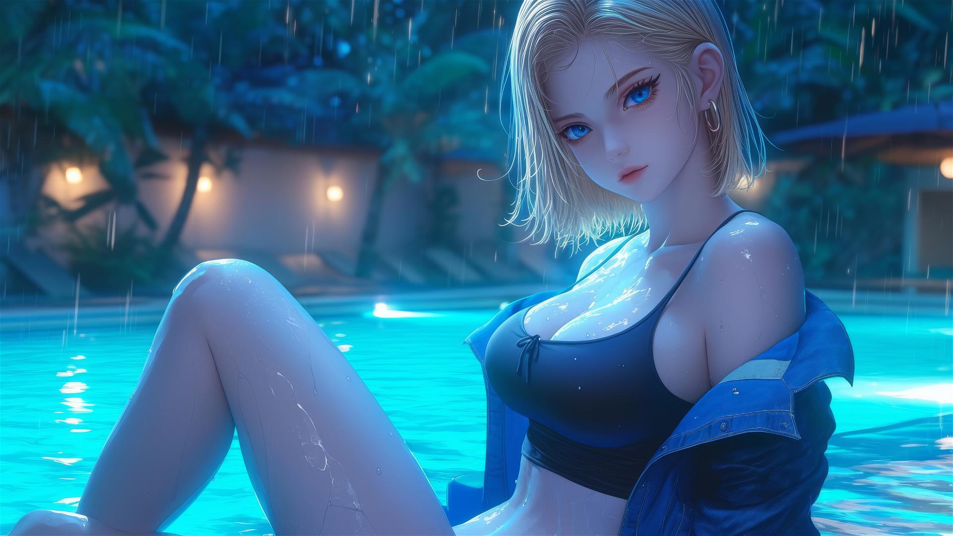 Android 18 resting by a rainy pool under moonlight