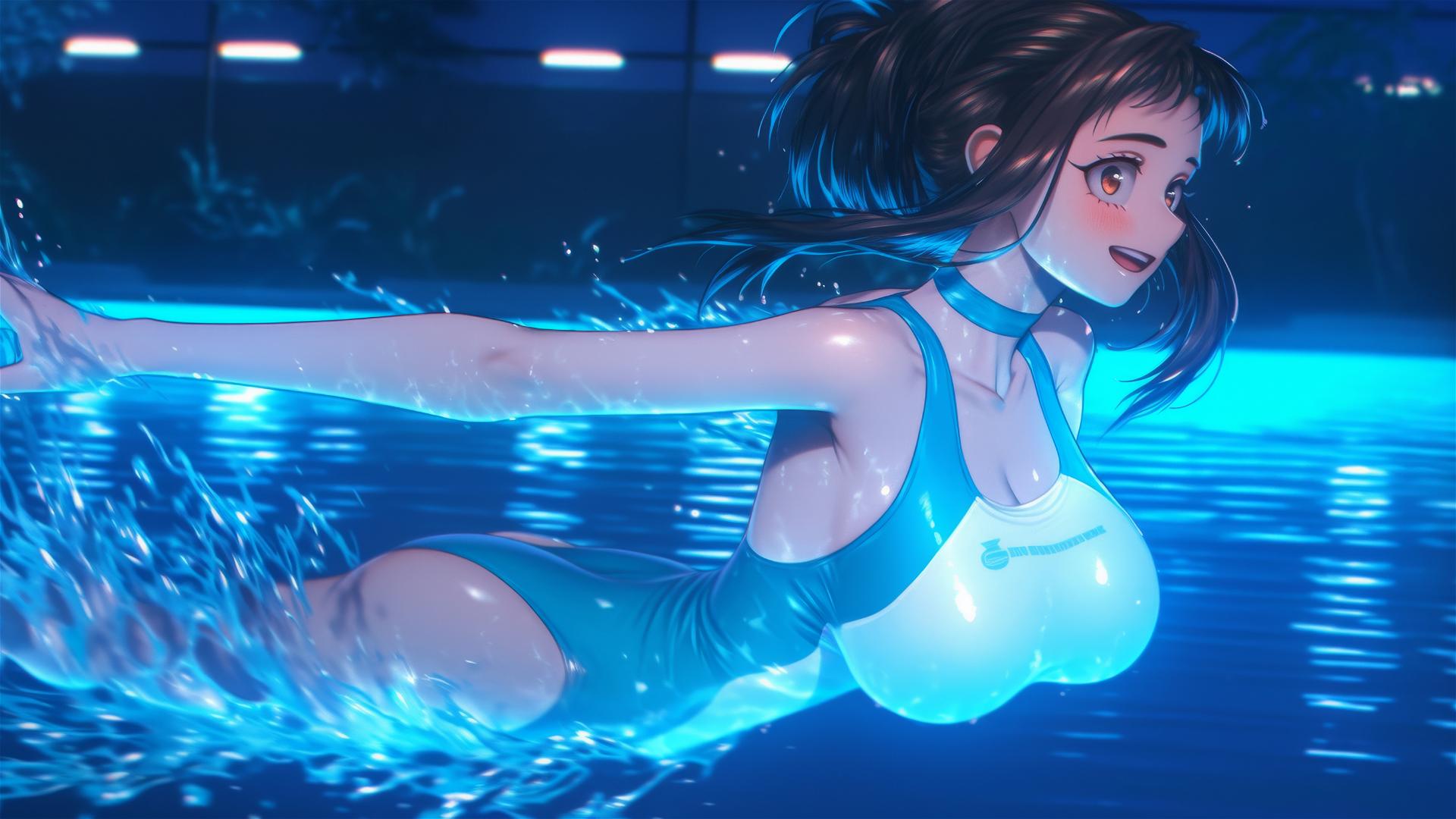 Ochaco Uraraka from My Hero Academia jumps out of a pool under moonlight.