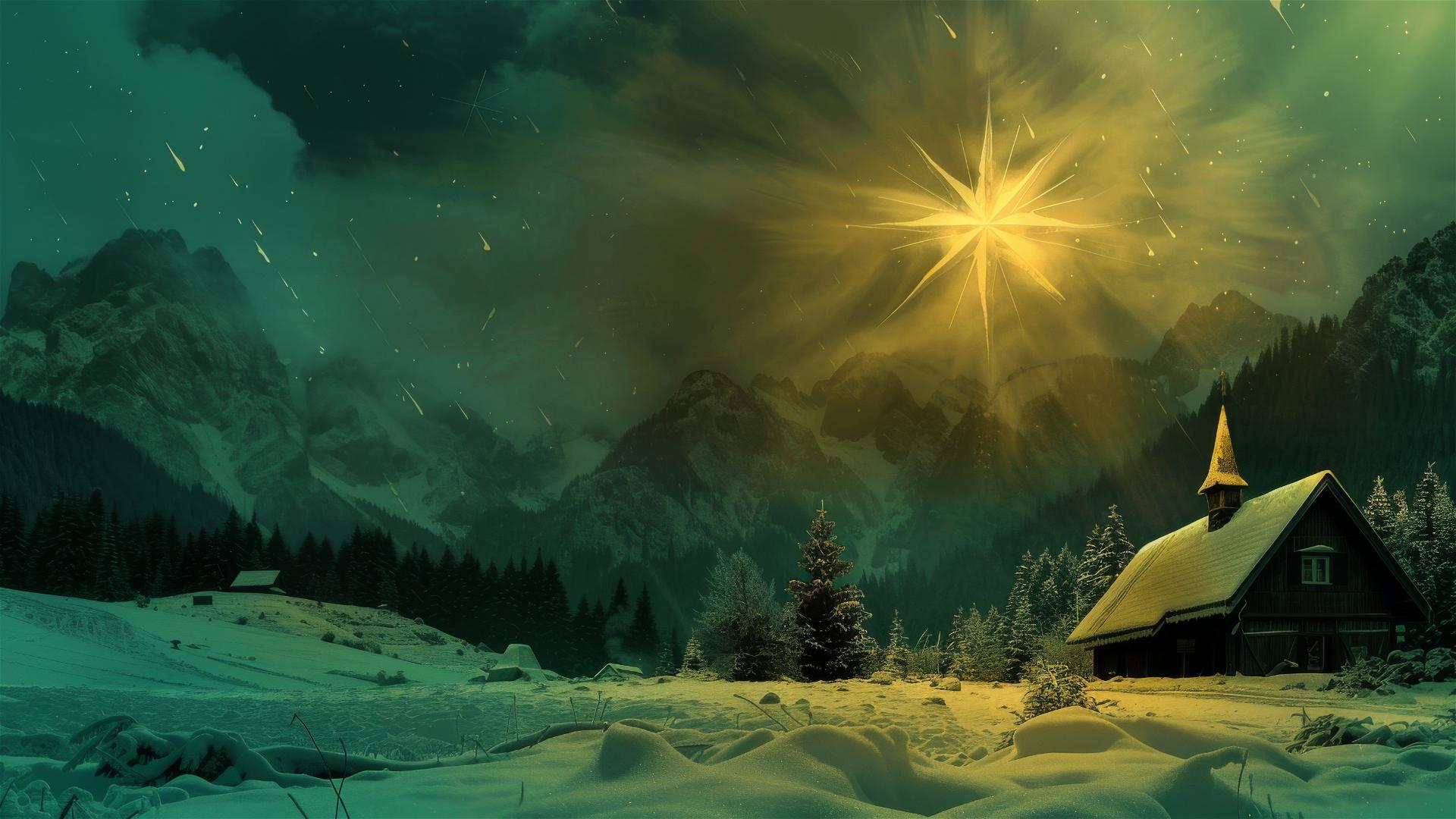 Christmas star over a cabin near mountains, dark cyan and light brown tones