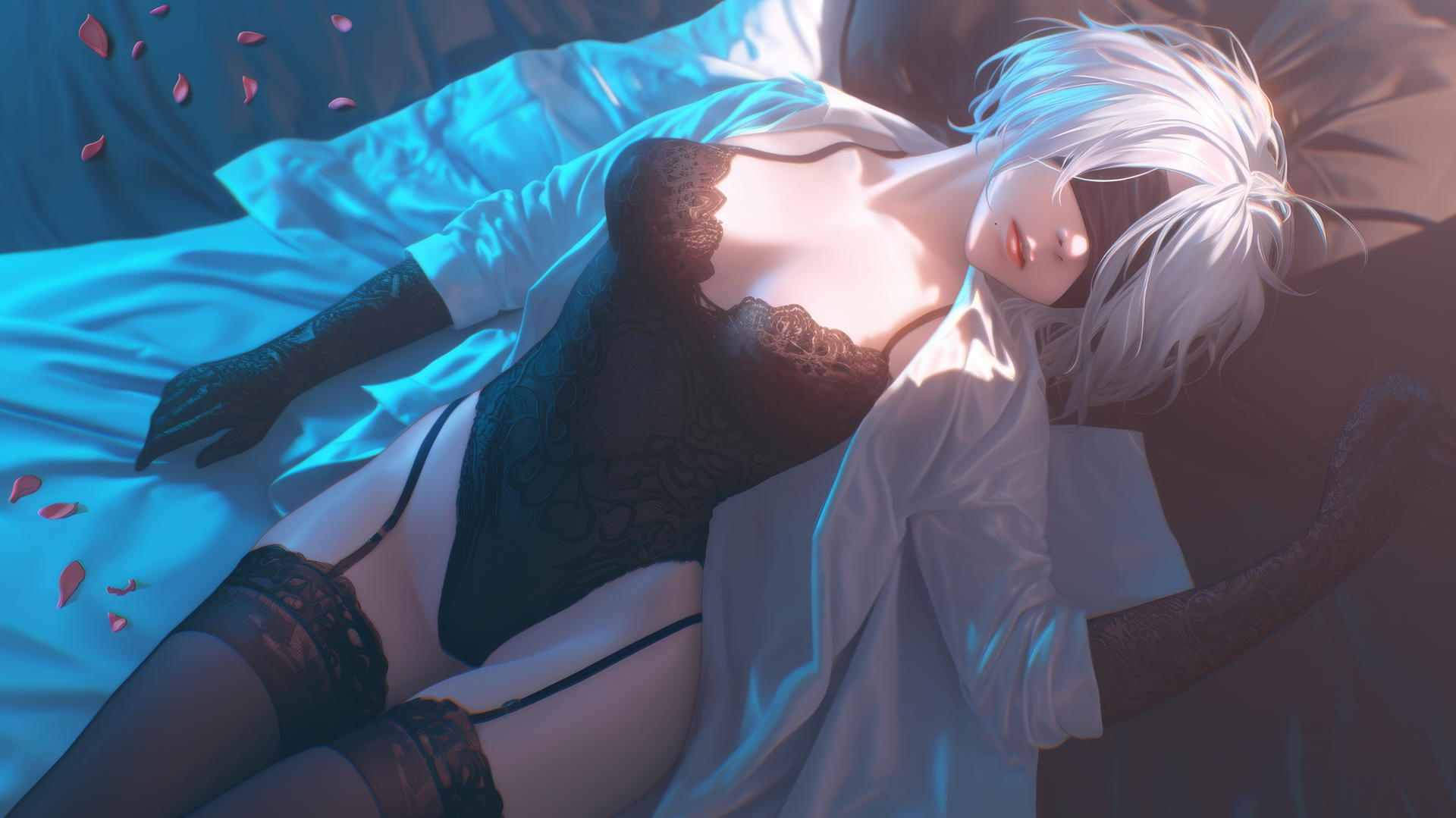 2B from Nier kneeling, looking up, wearing white shirt and black blindfold