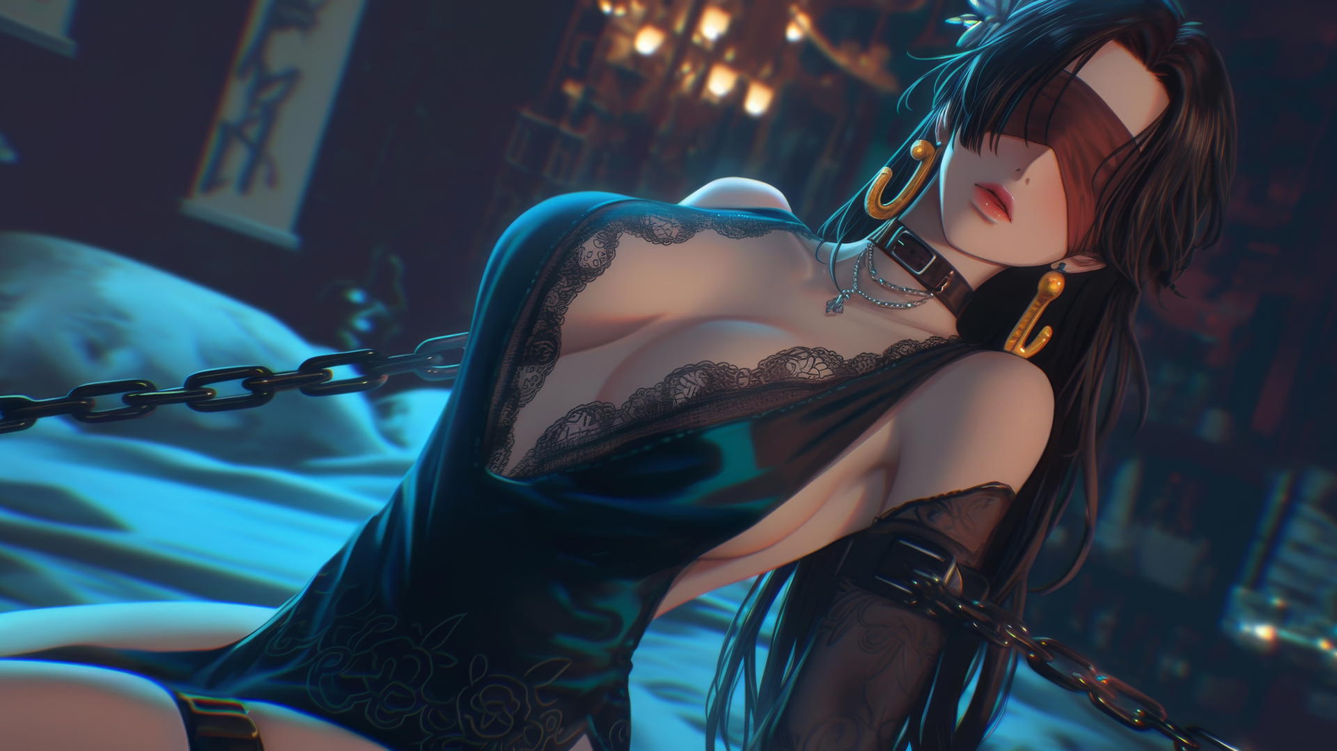 Boa Hancock kneeling, wearing a red blindfold, in neon-lit hotel room