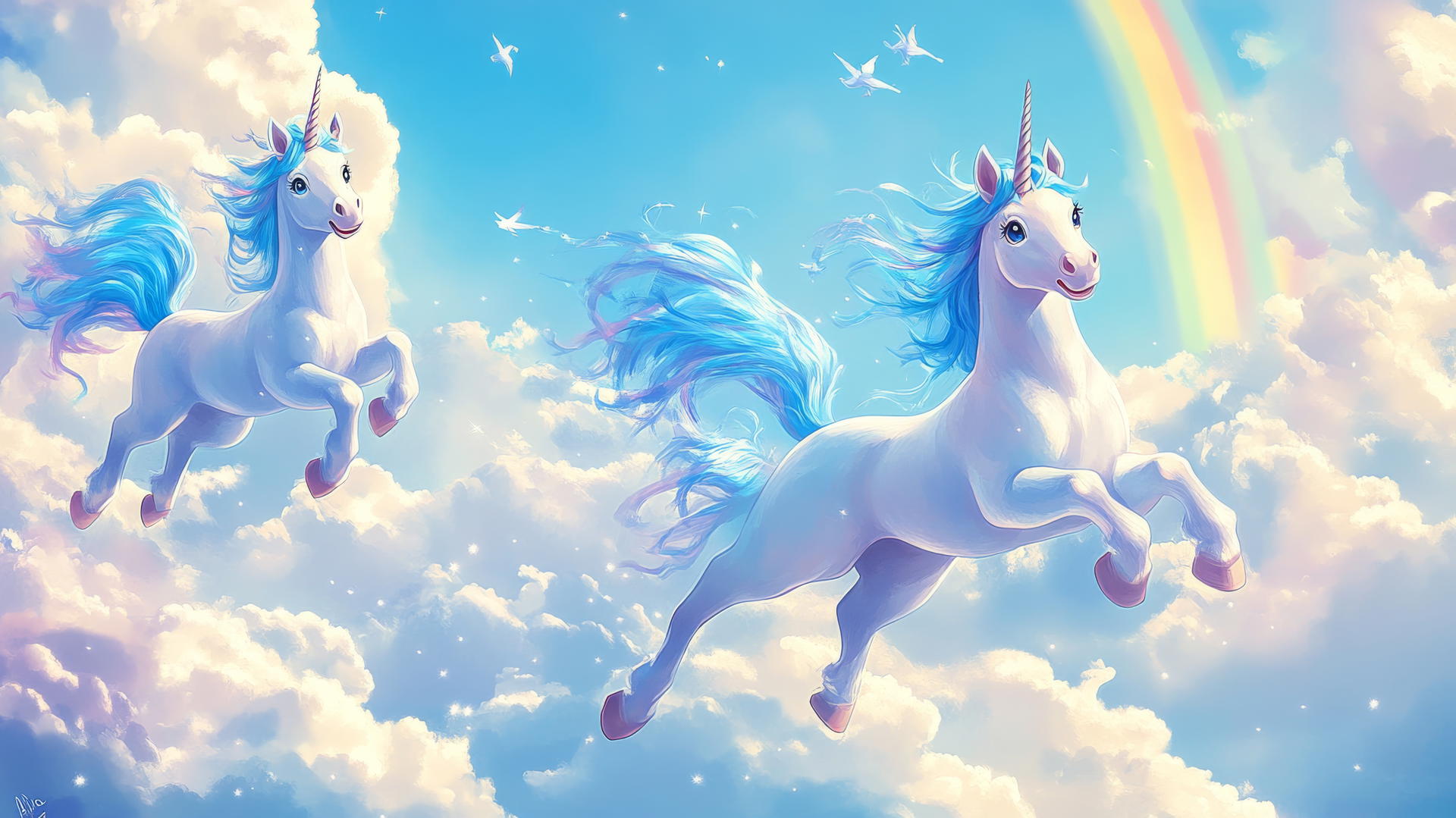 blue wallpaper for kids with cute, smiling unicorns, clouds, and rainbows