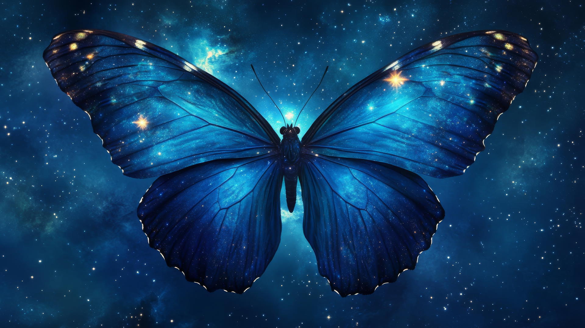 blue butterfly wallpaper with cosmic design, stars, and nebulae in wing patterns